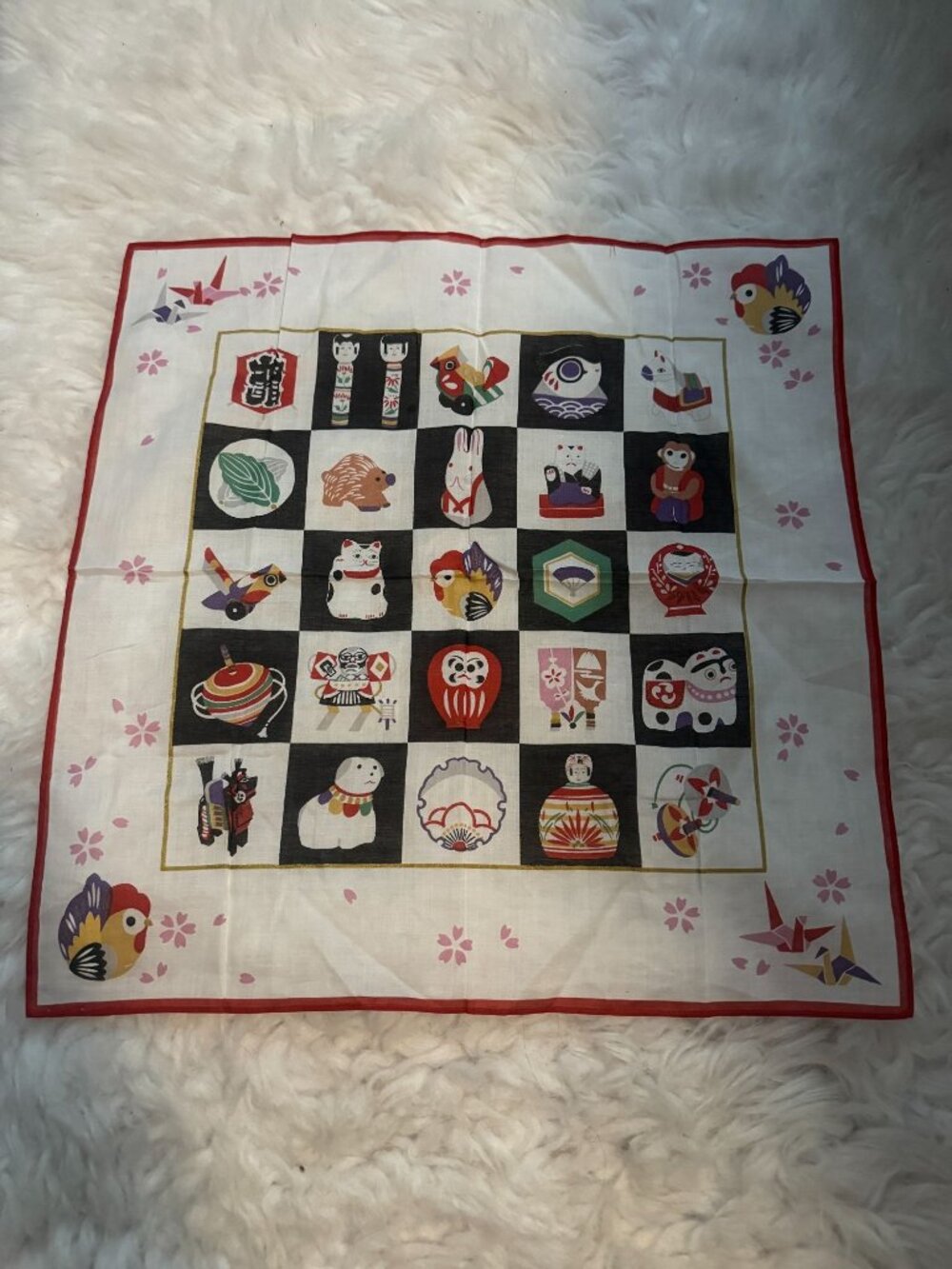 Vintage NOS Japanese Cotton Handkerchief Good Luck Symbols